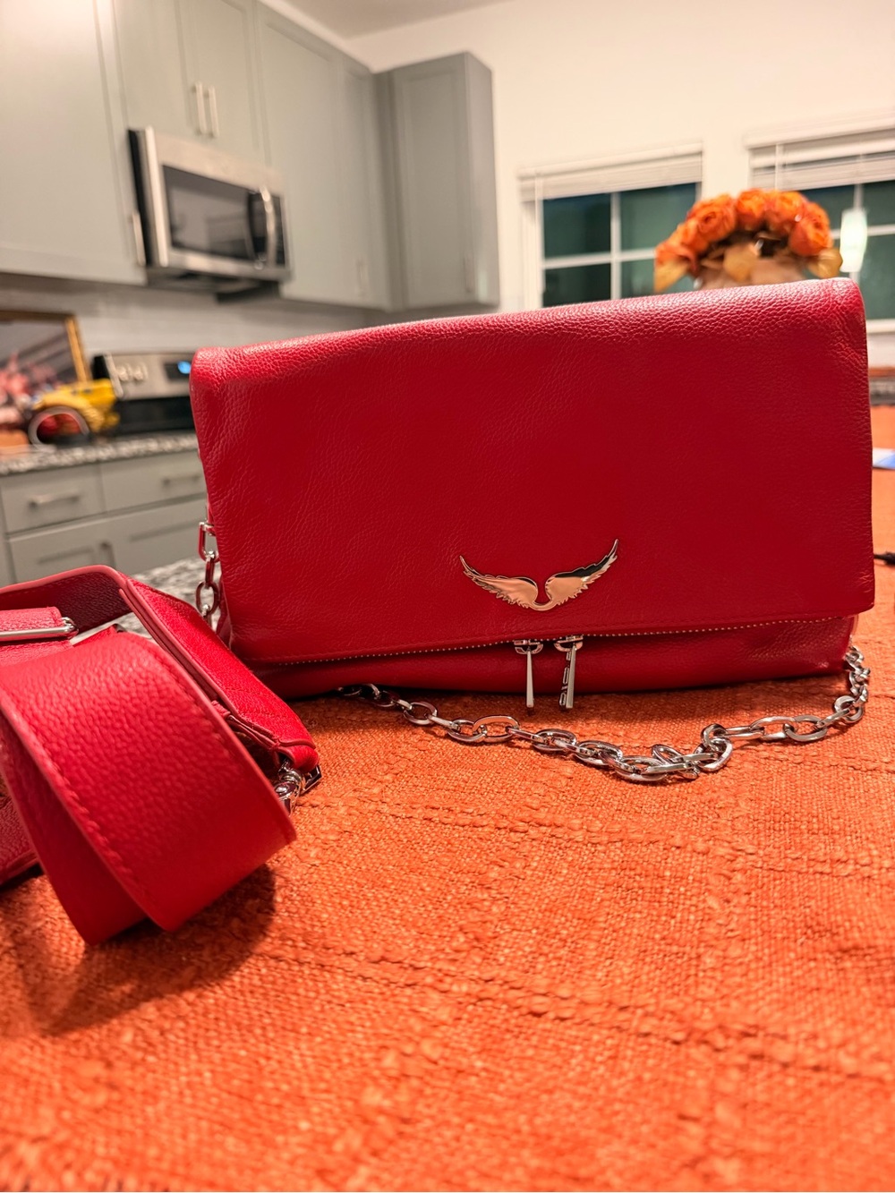Zadig & Voltaire Red Leather Crossbody with Silver Chain and Wing Emblem